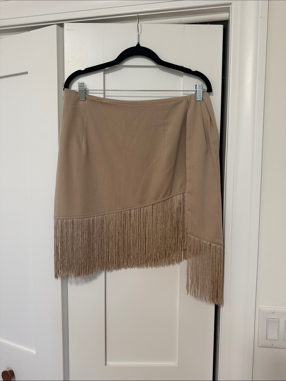 PrettyLittleThing Beige Asymmetric Fringe Mini Skirt
